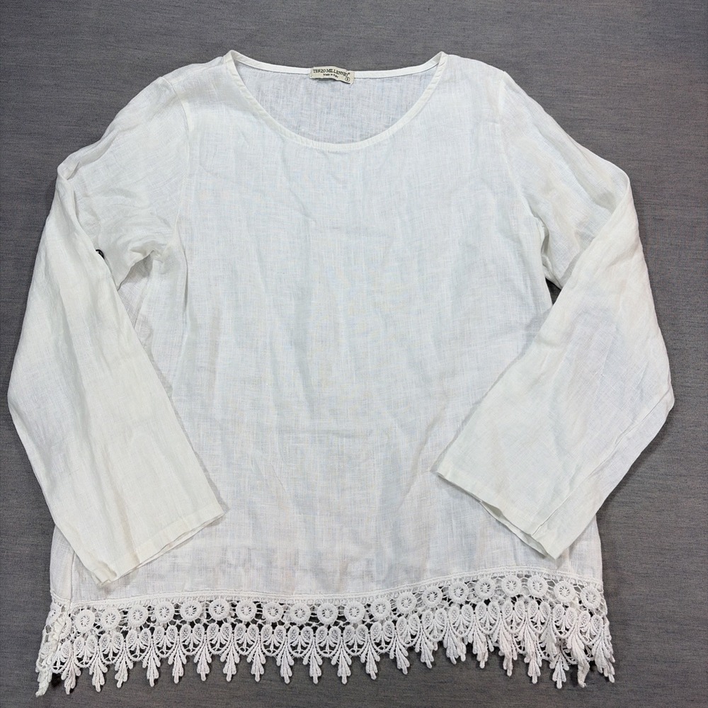Terzo Millennio Italy 100% Linen White Crochet Lace Hem Top Small